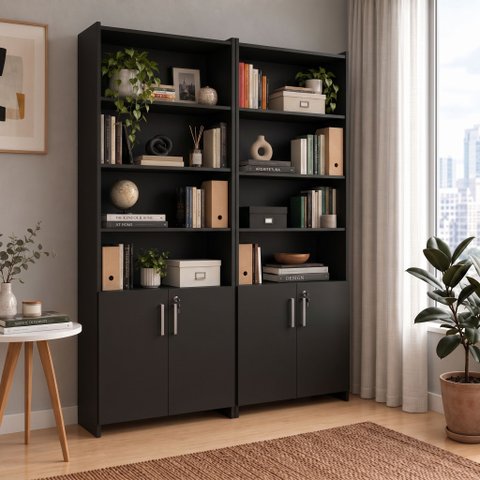 Kit com 2 Armários para Escritório Semi-Aberto 2 Portas com Chave Preto