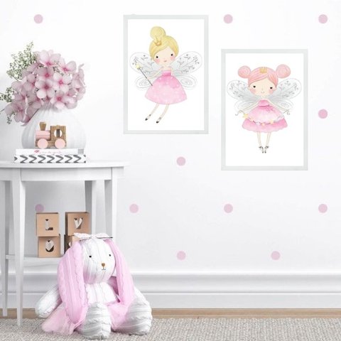 Kit 2 Quadros Quarto Infantil Menina - Fadinhas 33x24cm - com Vidro:madeira Preta
