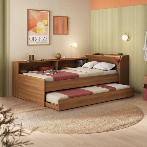 Cama Solteiro com Nicho e Cama Auxiliar Aria Marrom/Nogal
