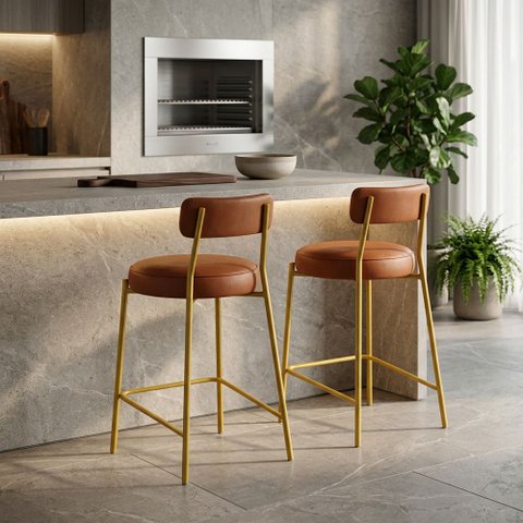 Banqueta Cozinha Média com Encosto Industrial Dourado Kit 2 Londres PU Nozes D03 - D'Rossi