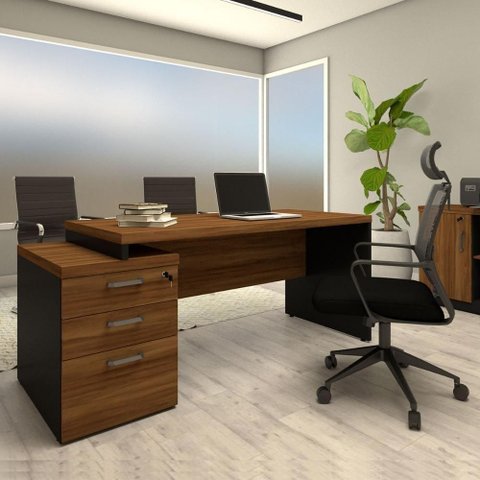 Mesa Escritório Executiva Extensível 3 Gavetas 192cm Nogal com Preto F5 Office