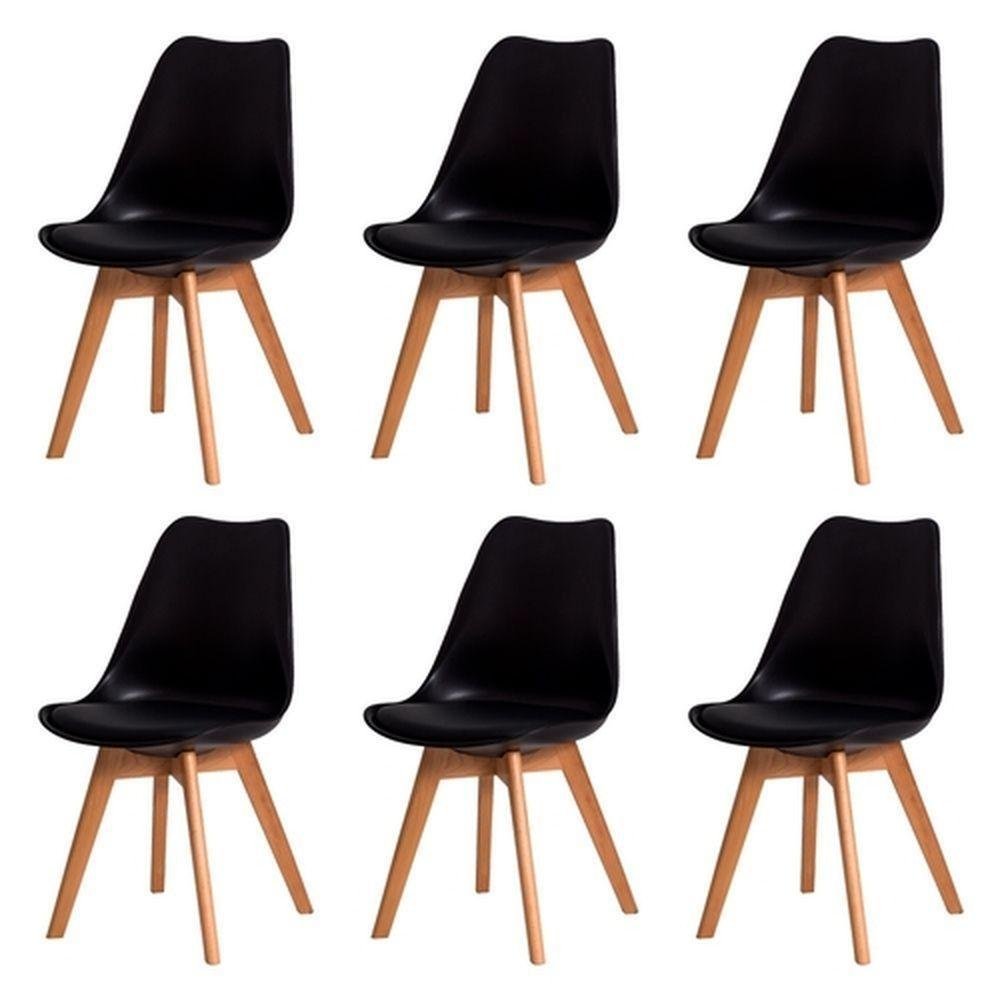 Kit Com 6 Cadeira Leda Preta - Charles Eames Wood Com Almofada - 1