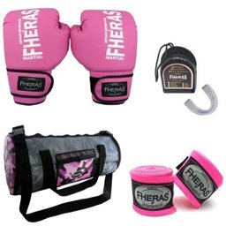 Kit Boxe Trad - Luva Bandagem Bucal Bolsa - 10 oz Rosa - 1