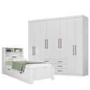Ver imagem 1 de Cama Solteiro com Gavetas Invicta com Guarda Roupa Master 8 Portas 6 Gavetas Branco Brilho - Santos