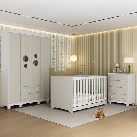 Quarto de Bebê Completo com Berço Americano 3 em 1 Suspiro Multimóveis Mp4620 Branco/off White
