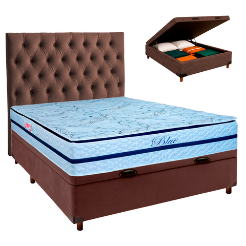 Cama + Bau Blindado e Colchão Molas Ensacadas Casal - Blue Paropas + Cabeceira
