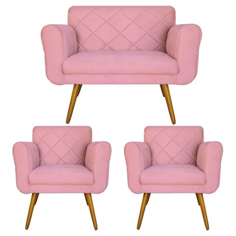 Jogo Namoradeira e 2 Poltrona Decorativa Para Recepção Isabella Suede Rosa - LM DECOR