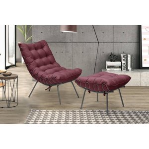 Poltrona Decorativa Luxo Costela com Puff Adão Metal Preto - Veludo Bordo - Jotabe Móveis