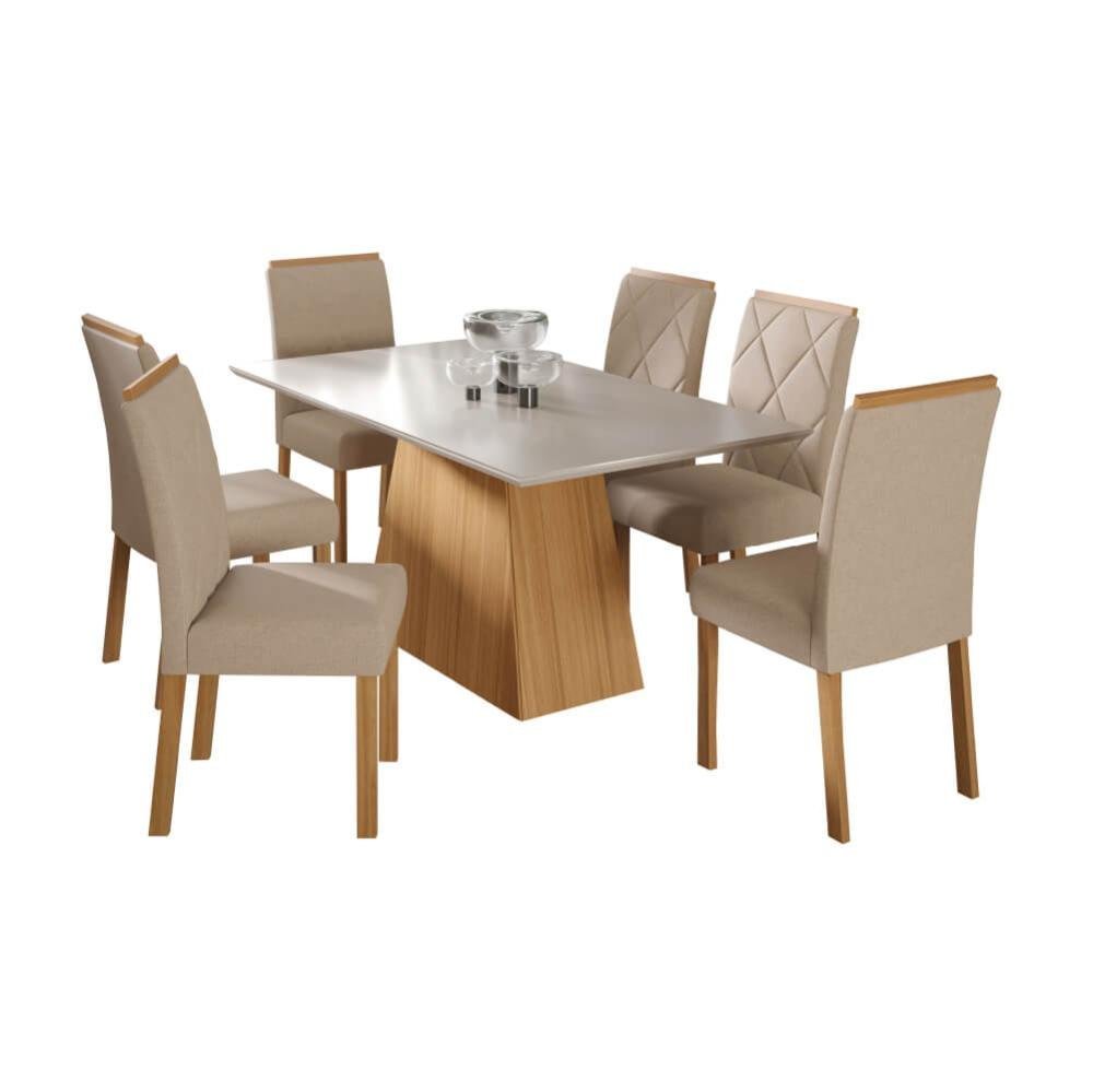Conjunto Mesa Cimol Sabrine 160x80cm com 6 Cadeiras em Madeira e Tecido Veludo - Nature/nude - 1