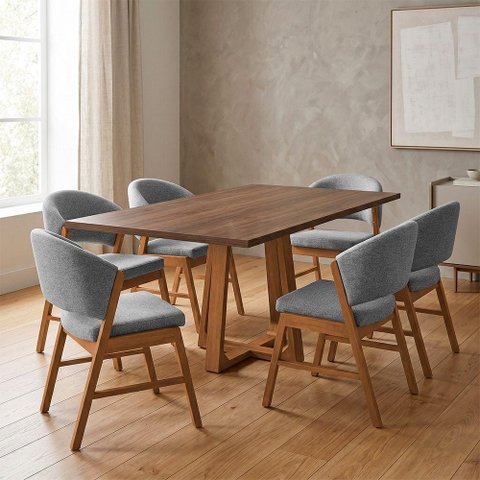 Conjunto Mesa Julia 6 Lugares Tampo MDF Freijó 1,6m com Cadeiras Débora Cinza Ideal Decor