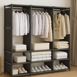 Closet Aberto 3 Colunas com Sapateira Preto Organizador Guarda Roupas Funcional para Quarto