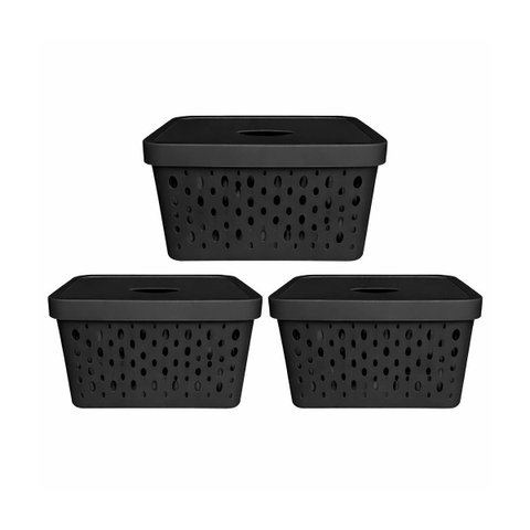 Kit 3 Cestos Organizadores Preto com Tampa 17 Litros