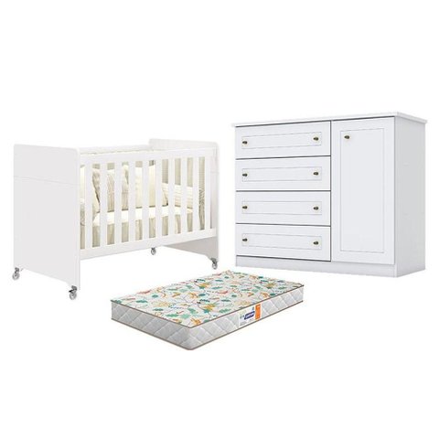 Berço Americano Evolution 4 em 1 Branco Acetinado Reller e Cômoda Americano Branco Hp e Colchão