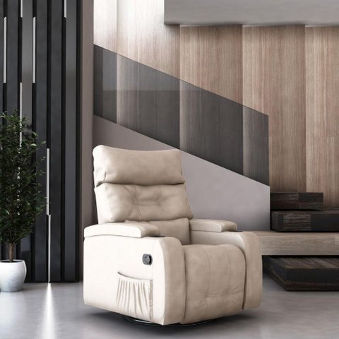 Poltrona Cromo Reclinável Giratória Corino Espuma D23 Bege com Porta Copos e Bolso Lateral Matrix