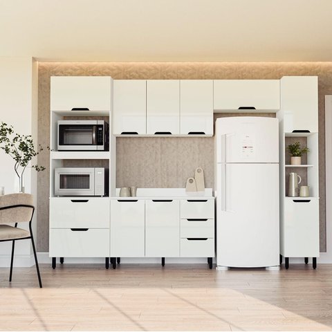 Cozinha Meena 5 Peças 310cm Armários Aéreos Torre Quente Paneleiro Balcão Tampo Branco 250068