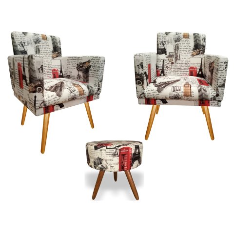 Kit 2 Poltronas Decorativa Bia + Puff Redondo Suede Paris Vermelho Pés Madeira Ms Decor