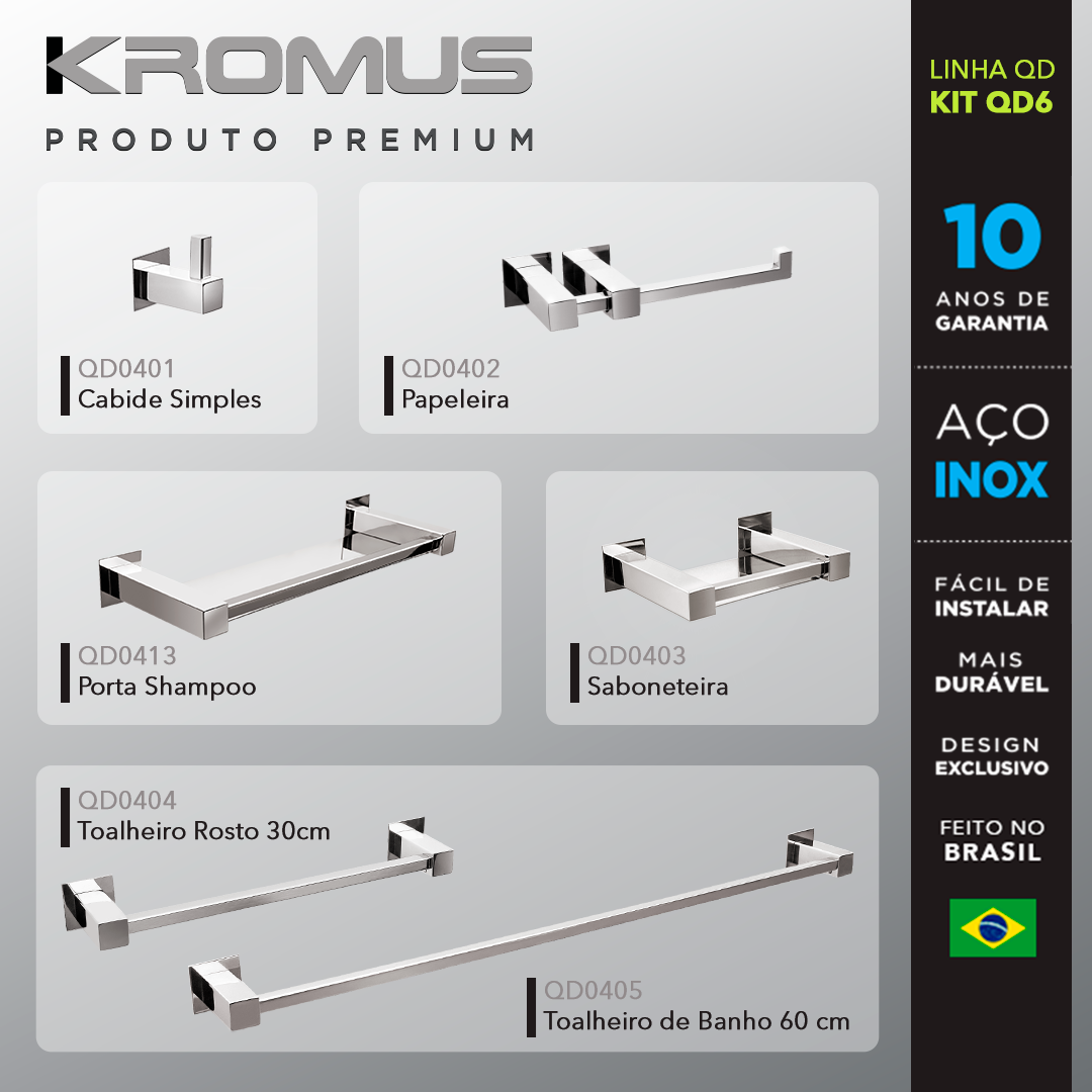 Kit Acessórios Para Banheiros 6 Peças Inox - Kromus Kitqd6 - 2