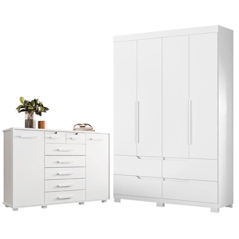 Guarda Roupa Solteiro Doble 04 Portas e Cômoda Fontana Branco - Móveis Albatroz