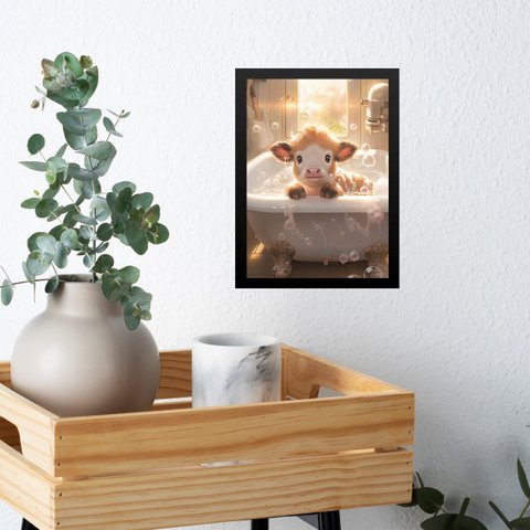 Quadro Banheiro Bezerro Tomando Banho 45x34cm - com Vidro:moldura Preta