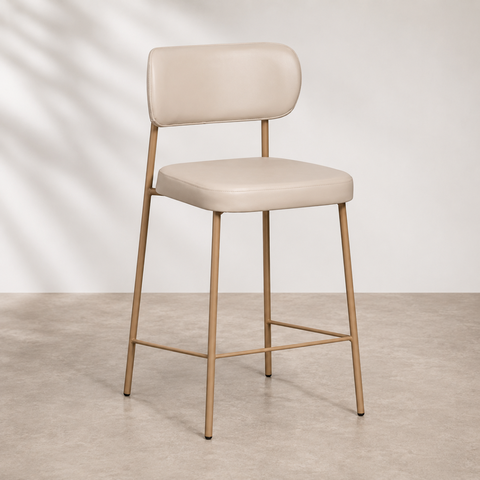Banqueta Cozinha Gourmet Alta 98cm com Encosto Industrial Aço Dourado Off White