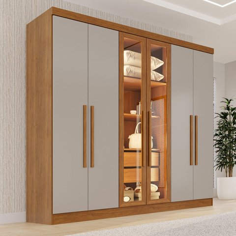 Guarda-Roupa Casal Reflecta com LED 06 Portas 02 Gavetas França Off White/Cinamomo
