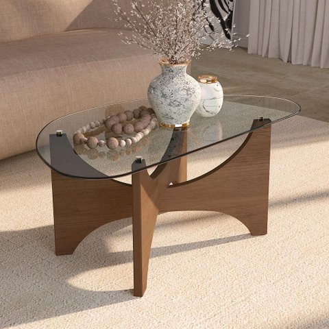 Mesa de Centro para Sala de Estar 100cm Tampo de Vidro Orgânico Livina A05 Cinamomo - Lyam Decor