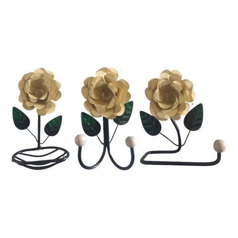 Kit 3 Peças para Banheiro com Flores em Ferro:bege