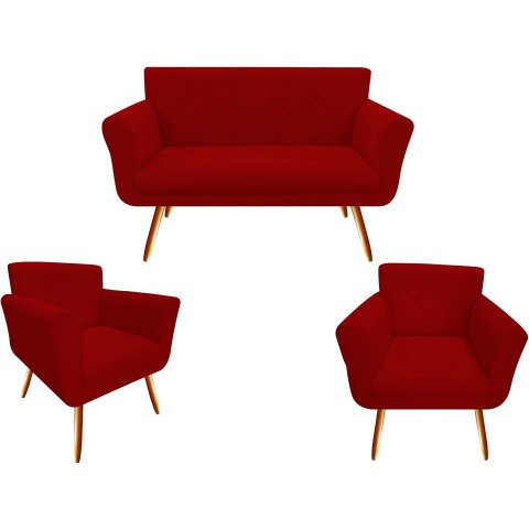 Kit Namoradeira + 2 Poltronas Decorativa Sabrina Suede Vermelho Pés Madeira Ms Decor