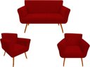Ver imagem 1 de Kit Namoradeira + 2 Poltronas Decorativa Sabrina Suede Vermelho Pés Madeira Ms Decor