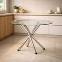 Ver imagem 1 de Mesa de Jantar ou Cozinha Pé Palito para 4 Lugares Cromada com Tampo de Vidro Redondo 90cm Poltronas