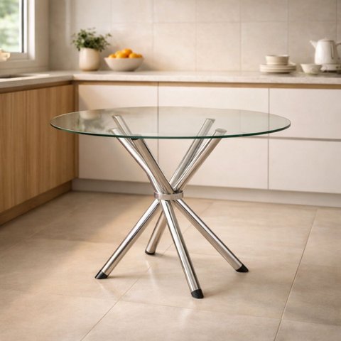 Mesa de Jantar ou Cozinha Pé Palito para 4 Lugares Cromada com Tampo de Vidro Redondo 90cm Poltronas