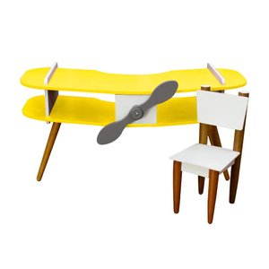 Conjunto Mesa e Cadeira Infantil Pés Palito Formato Avião:amarelo-branco-marrom