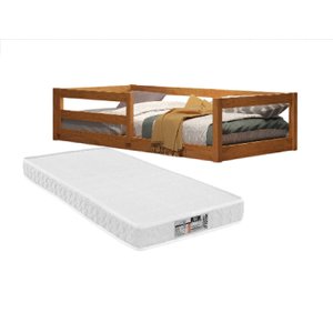 Cama Solteiro de Madeira Natural com Proteção Lateral  Ideal para Quarto Infantil com Colchão 188x88