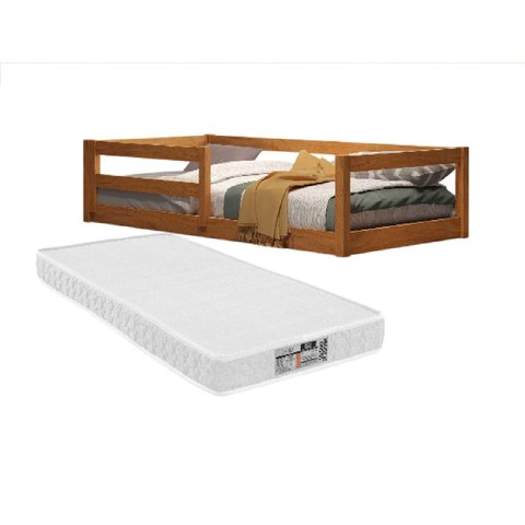 Cama Solteiro de Madeira Natural com Proteção Lateral  Ideal para Quarto Infantil com Colchão 188x88