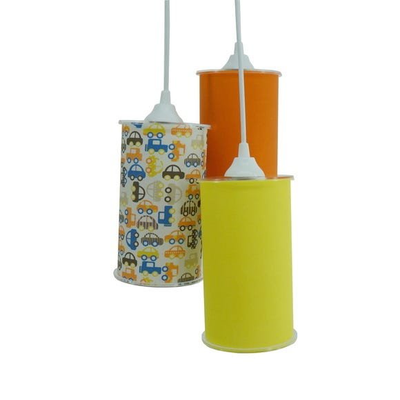 Lustre Pendente Triplo Carrinhos Amarelo e Laranja - 1