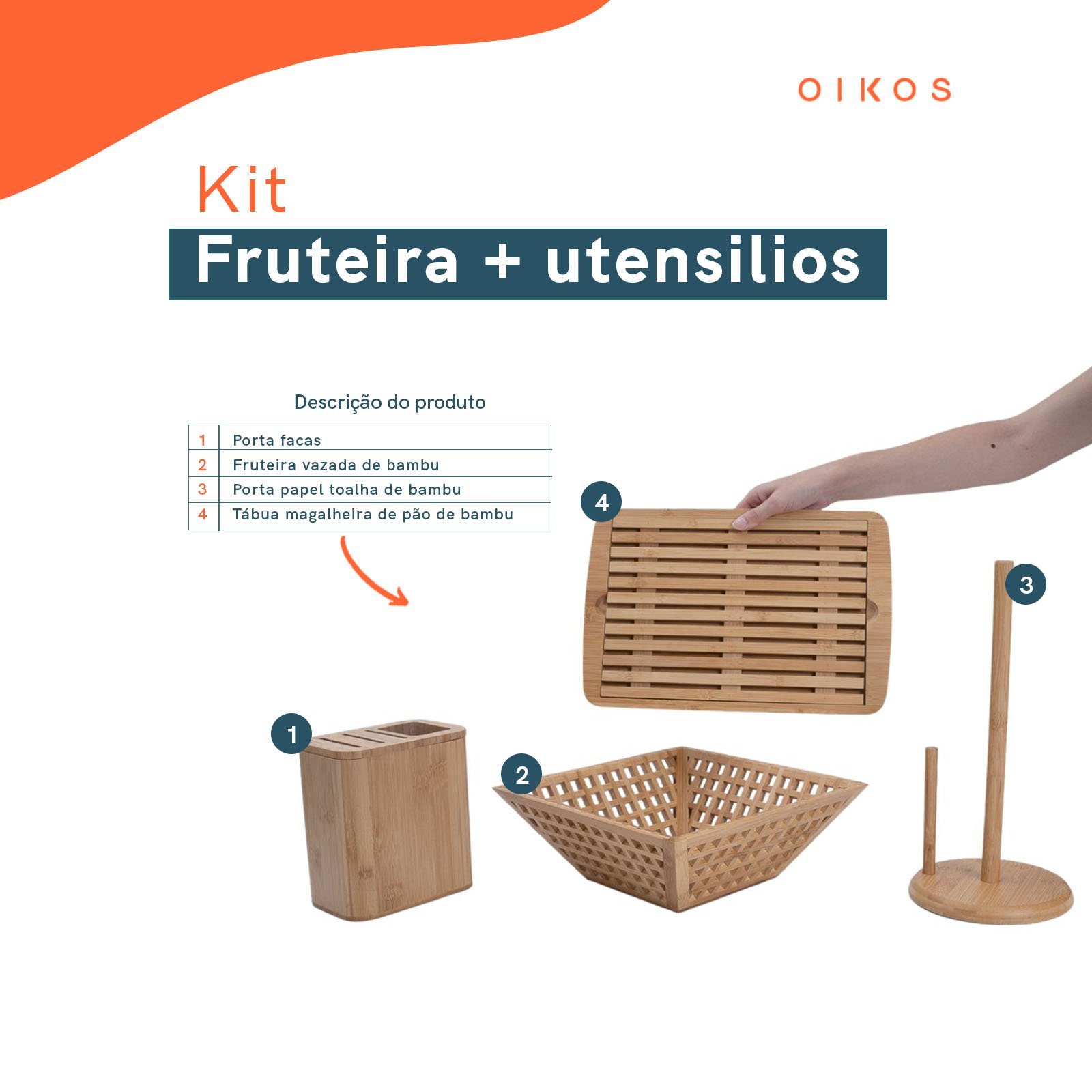Kit com fruteira vazada, porta papel toalha, porta facas e tábua migalheira de pão de bambu - Oikos - 2