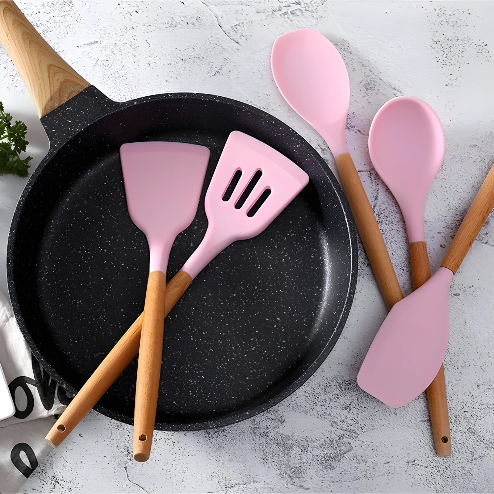 Kit Jogo 12 Talheres de Silicone Cabo Madeira para Cozinha Utensílios Domésticos Decoracao - 3