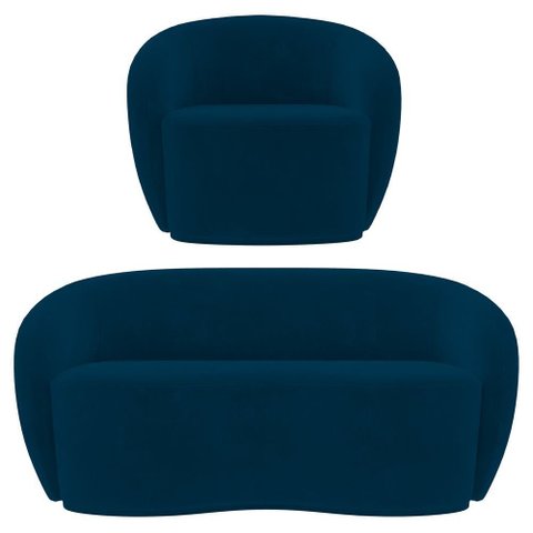 Sofá 3 Lugares Living 180cm e 1 Poltrona Giratória Garbin K04 Veludo Azul Marinho - Mpozenato