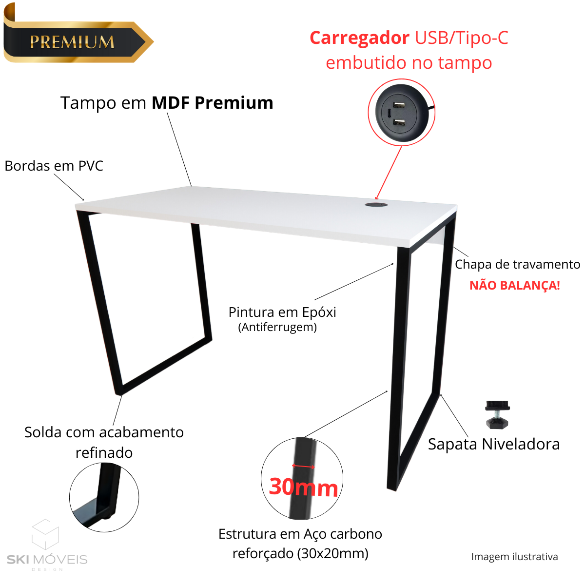 Mesa Escrivaninha Home Office Estilo Industrial 100% Mdf com Usb/tipo-c Embutido:branco - 3