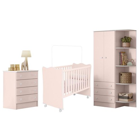 Jogo de Quarto Doce Sonho Guarda Roupa 2 Portas Cantoneira, Berço e Cômoda Rosa - Qmovi