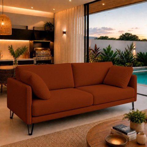 Sofá Sala de Estar Atena Fixo Pés de Ferro 194cm 3 Lugares Linho Terracota M1 - Monari Design