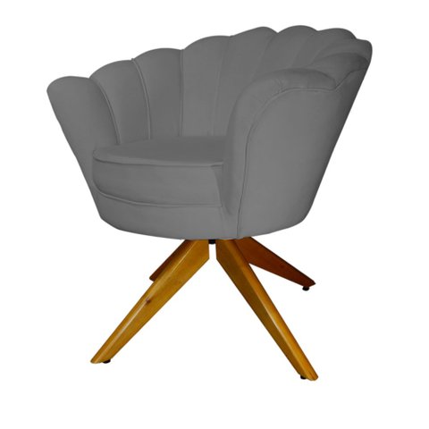 Kit 2 Poltronas Estofada Com Base Giratória de Madeira Pétala Suede Cinza - LM DECOR