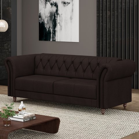 Sofá Living Sala de Estar Stanford Chesterfield 2 Lugares 180cm Pés de Madeira Couro Marrom G58 - Gr