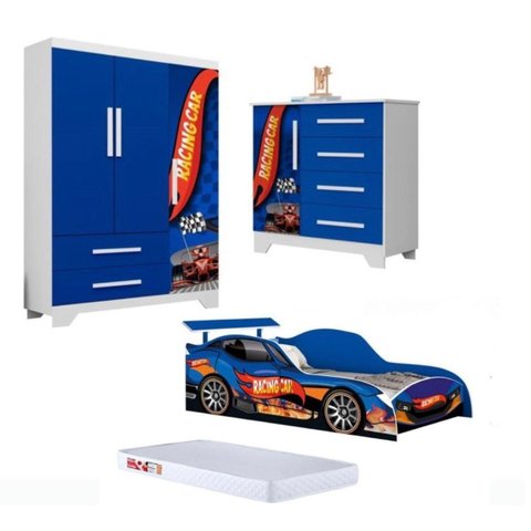 Quarto Infantil Completo Cama Colchão Roupeiro Comoda em MDF:Azul
