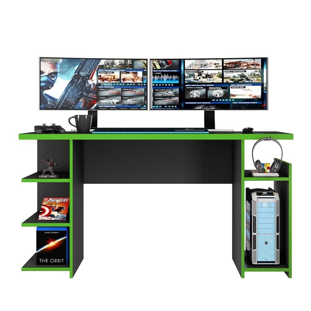 Mesa Gamer Escrivaninha Para Computador Home Office Nicho CPU 3 Prateleiras Quarto Preta e Verde - 6