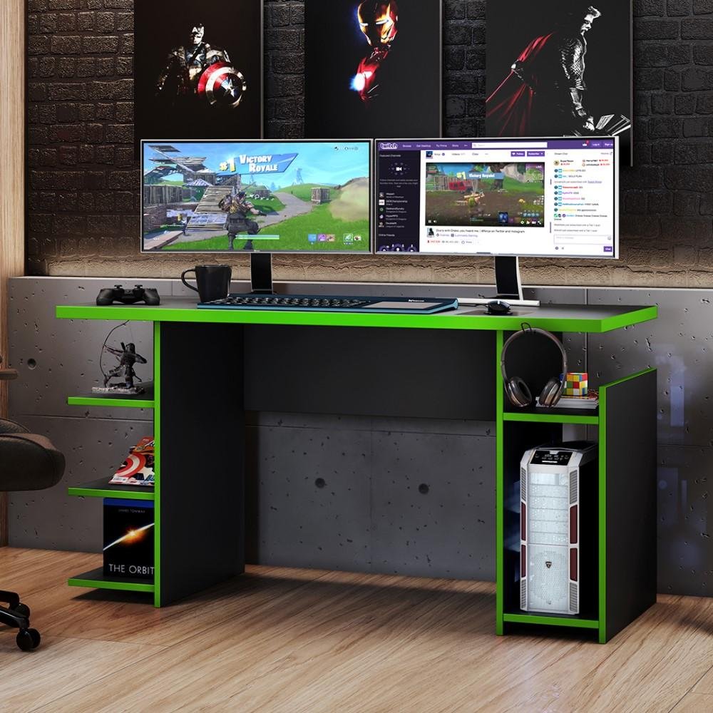 Mesa Gamer Escrivaninha Para Computador Home Office Nicho CPU 3 Prateleiras Quarto Preta e Verde
