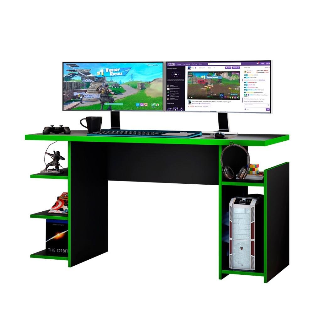 Mesa Gamer Escrivaninha Para Computador Home Office Nicho CPU 3 Prateleiras Quarto Preta e Verde - 5