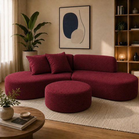 Sofá e Puff Orgânico Virginia 200cm Sala Suede: Bordô
