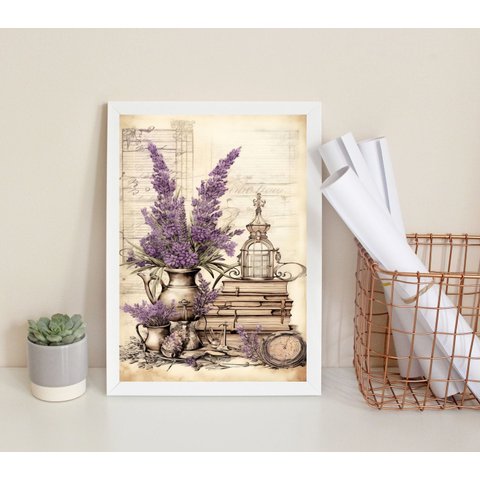 Quadro Decorativo Vintage Vaso Lavanda 24x18cm - com Vidro:madeira Branca