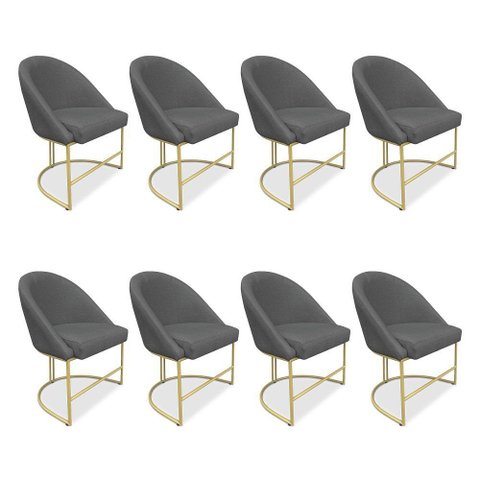 Kit 08 Cadeiras Poltrona de Jantar Bela Suede Grafite Base Metálica Industrial Dourado - Pallazio